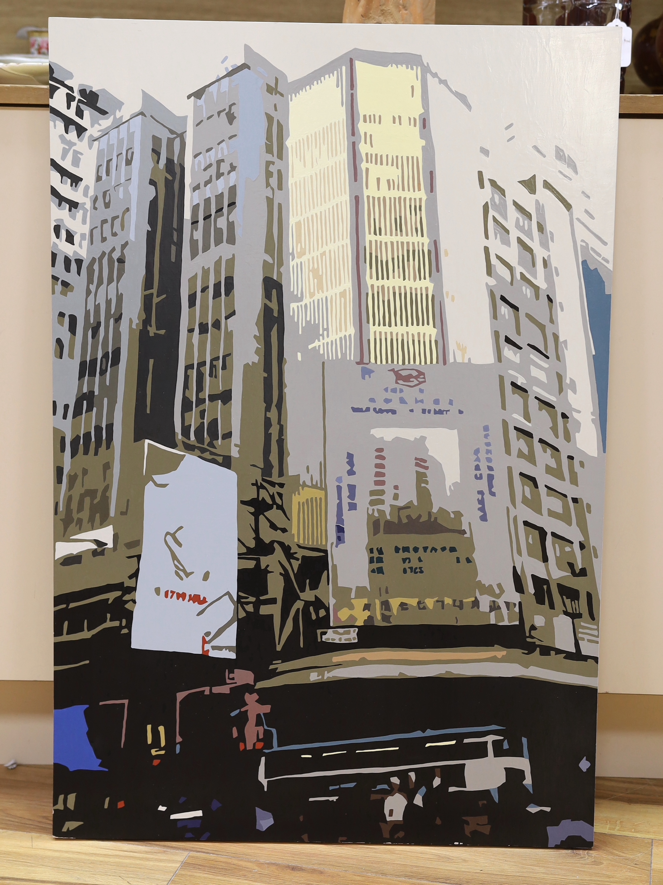 Alicia Dubnyckyj (b.1979), acrylic on panel, Cityscape, signed verso and dated 2002, 89 x 60cm, unframed